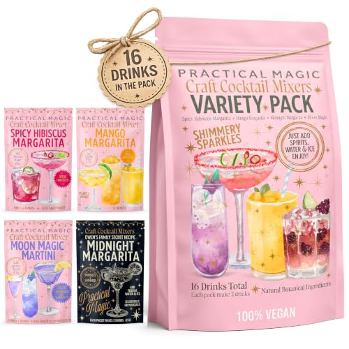 Practical Magic Sparkly Cocktail Mixers Variety Pack w/ Edible Glitter for Drinks Makes 16 Craft Mix Midnight Margarita & Moon Magic Martinis Shimmer Pearlescent Luster Dust Non-Alcoholic Mocktails