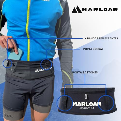 MARLOAR Cinturon Running + Soft flask 250ml de regalo - Riñonera Running - Cinturon Correr . Incluye Portadorsales Running y Porta Bastones Trail Running (NEGRO + SOFTFLASK 250ML, S) - imagen 5