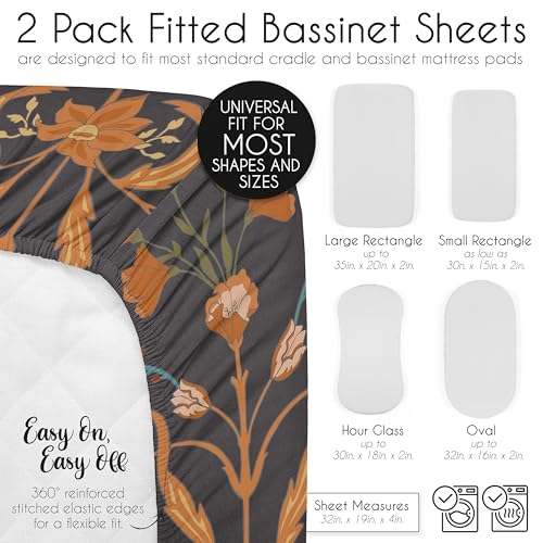Image of Sweet Jojo Designs Boho Wildflower Vintage Floral Girl Baby Bassinet Sheets Fitted Sheet Set Infant Newborn Nursery Oval Rectangle Hourglass Mattress 2p Orange and Bohemian Farmhouse Daisy Botanical