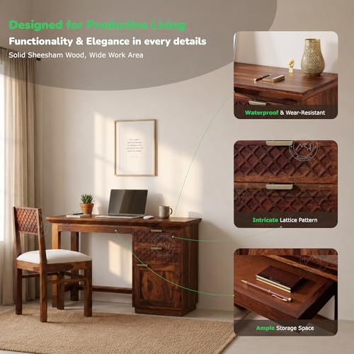 Image of NSH Solid Sheesham Wood Study Table with Chair | Wooden Writing Desk with Drawer & Door Storage | Pre-Assembled Computer Desk Workstation for Home Office & Study Room | Teak Finish