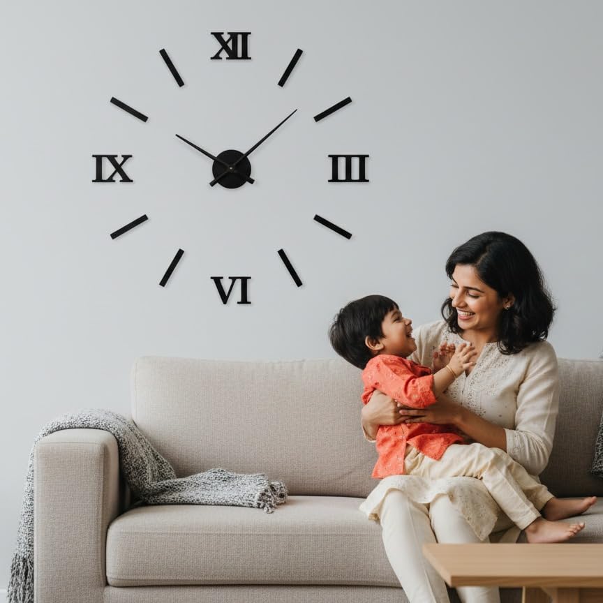 Image of cozyloom DIY 3D Wall Clock for Living Room Decor | Large Analog Roman Number Wall Clock with Minimalist Design | Stylish Decorative Wall Watch for Bedroom, Office, Hallway & Home Decoration