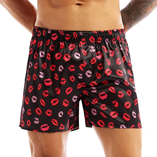 Yizyif Men's Silk Lips Print Frilly Shiny Satin Boxer Shorts Lounge Underwear Halloween Black Large #TOP16