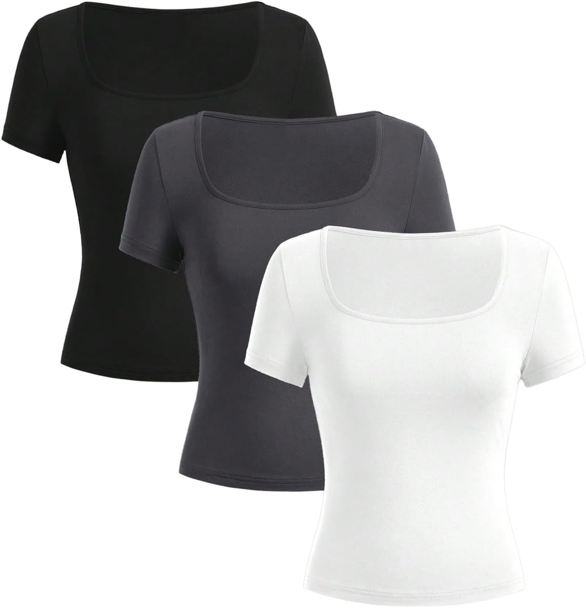 Girl's 3 Packs Basic Tees Shirts Tops Square Neck Short Sleeve Slim Fit Summer Clothes Base Layer Tees