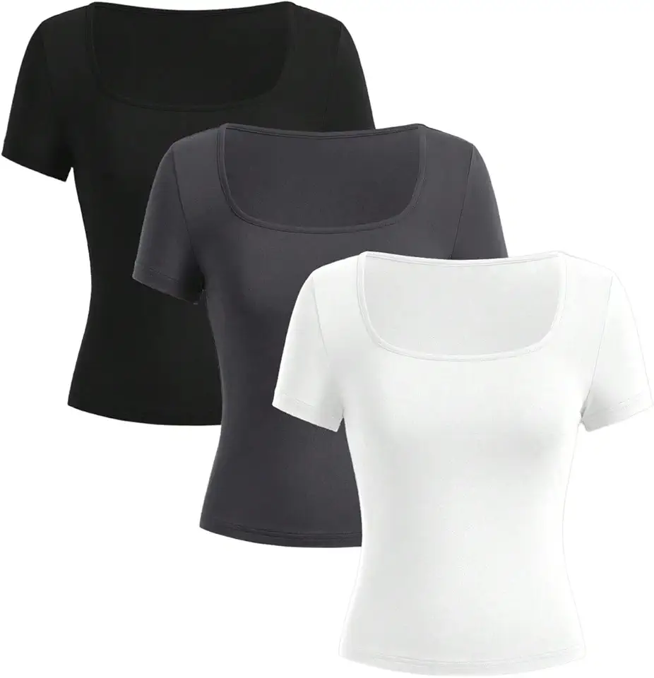 RoseSeek Girl's 3 Packs Basic Tees Shirts Tops Square Neck Short Sleeve Slim Fit Summer Clothes Base Layer Tees