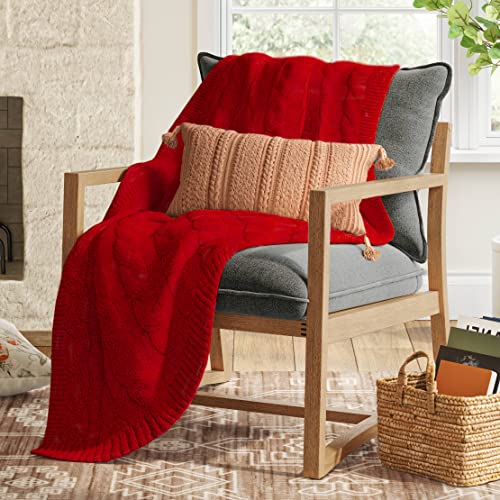 Amélie Home Summer Knit Throw Blankets Red Cable Microfiber Feather Yarn Throw Blankets Plush Super Soft Warm Lightweight Breathable Cozy Fluffy Blanket For Couch Bed Sofa Outdoor 50'' X 60'' #TOP2