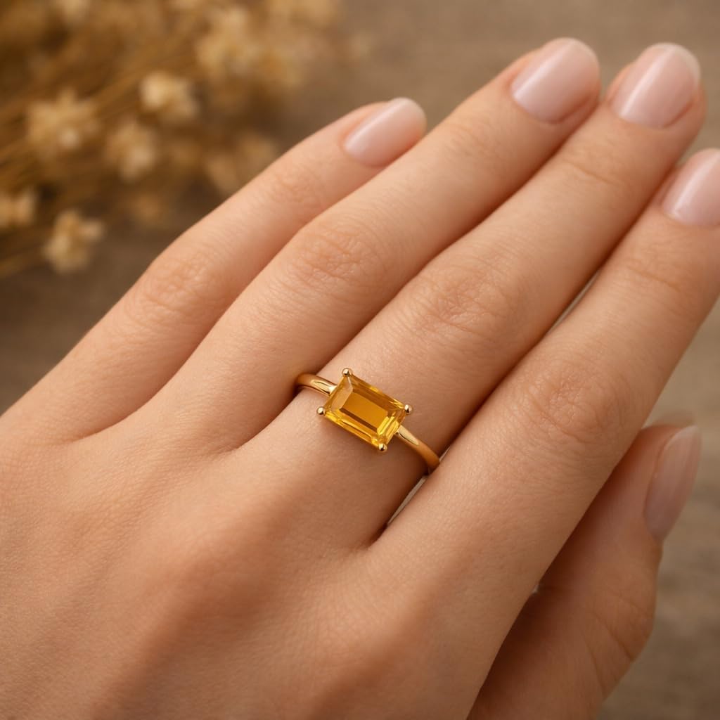 Emerald Cut Citrine Ring 14K Yellow Gold Minimalist Solitaire Engagement Ring Art Deco Alternative Fine Handmade Promise Jewelry Gift For Her