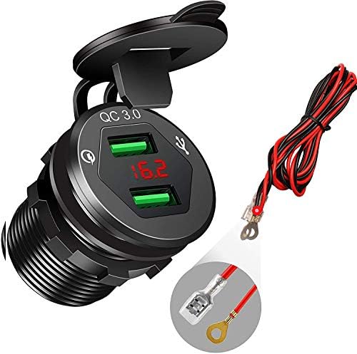 Quick Charge 3.0 Car Charger, 12V/24V USB Car Charger, Aluminum Dual QC3.0 USB Port Charger Socket Power Outlet with LED Digital Voltmeter DIY Kit for Marine, Boat, Motorcycle, Truck, Golf Cart(Black)