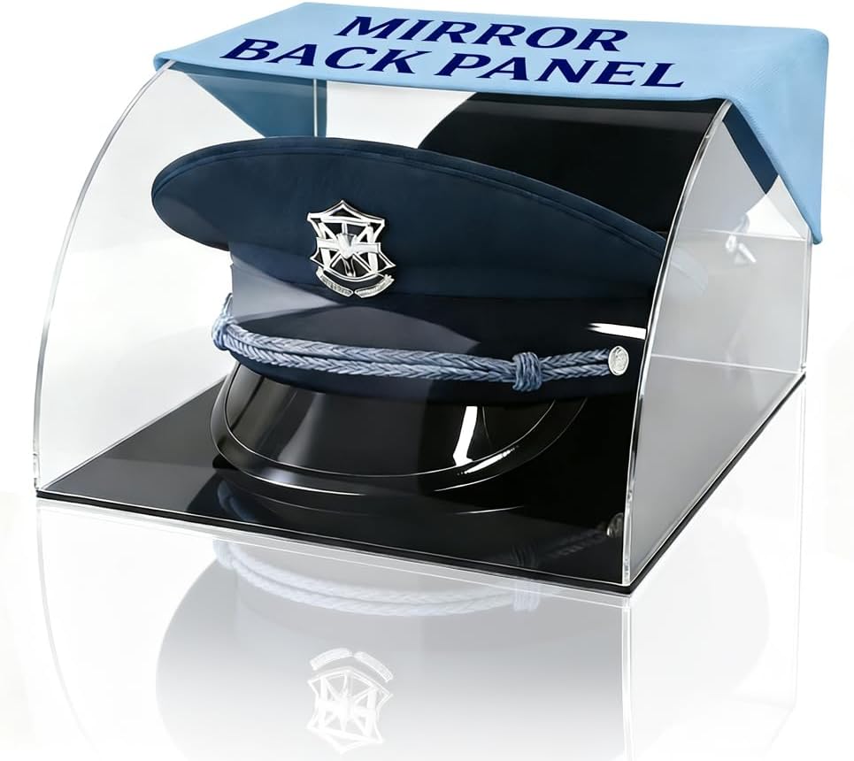 Military Police Hat Display Case with Mirror Clear Cap Display Box UV Protection Acrylic 12 x 12 x 6 inch Memorabilia Collectibles Case for Baseball Football Cap Cowboy Helmet
