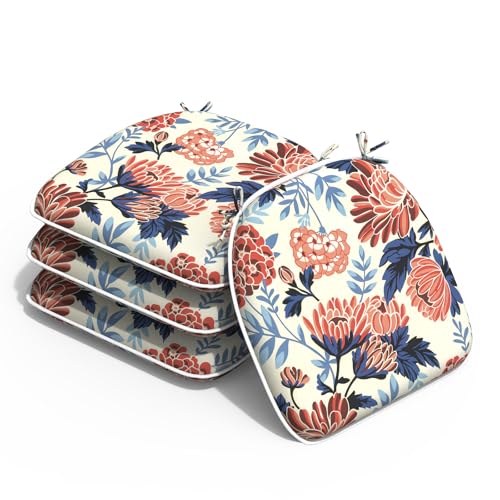 Melody Elephant Outdoor 16"x17" Chair Pads Set of 4, Water Resistant Patio Chair Cushions with Ties, Seat Cushions for Home Garden Furniture Decoration, Red Chrysanthemum
