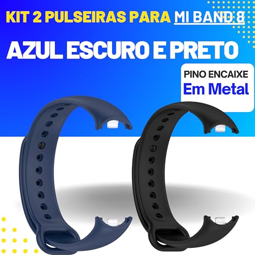 Kit 2 Pulseiras para MI Band 8 Cor Preto e Azul Escuro Bracelete em Silicone TPU Regulavel Macia Con