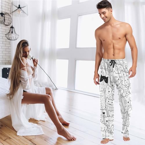 visesunny Mens Pajama Pants Funny Black White Cat Animal Doodle 100% Cotton Lightweight Soft Pajama Bottoms Lounge Sleepwear3