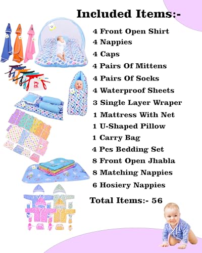 Image of Toddylon 56 In 1 New Born Baby Products All | Gift Packs | Baby Shower | Baby Bed | Baby Clothing | Essentials Items | Combo Pack | Maternity Kit | Infants | Bedding | Clothes (0-6 Months, Multicolor)