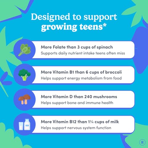 Image of FIRST DAY Vitamins for Teens - Teen Multi Vitamins for Girls & Boys 12-17, Organic Fruit & Veggie Blend - 12 Key Nutrients: Vitamins A, B1, B2, B6, B9, B12, C, D3, E, K2-60 Day Supply