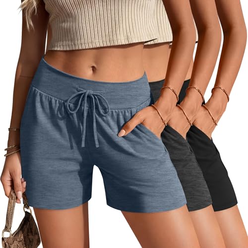 JoyMotion 3 Pack Women's Lounge Shorts Cotton Drawstring High Waisted