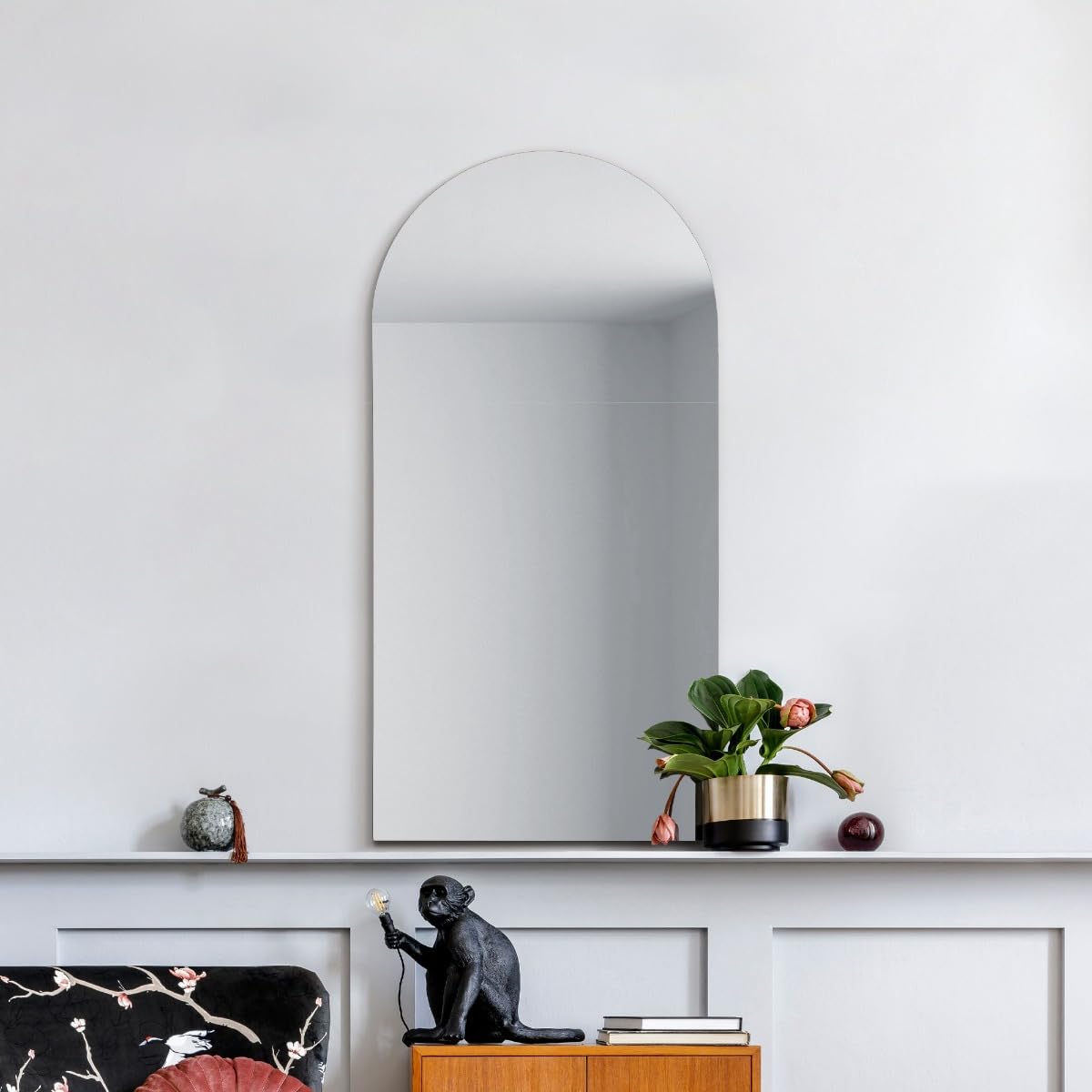 Mirroroutlet Clear The Arcus - Frameless Modern Arched Wall Mirror 32" X 16" (80Cm X 40Cm Silver Mirror Glass With Black Wooden Backing - Polished Edging
