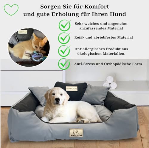 KING DOG Hundebett sehr Grosse Hunde Waschbar Orthopädisches XL 115 x 95 cm Hundekissen Haustierbett Hundekorb Hundecouch mit Hohem Rand Wasserdicht Material Silikon Füllung Grau