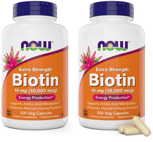 NOW Foods Extra Strength Biotin 10000mcg / 10 mg - 200 Veg Capsules (Pack of 2) - Hair, Skin, Nail - Supplement for Men and Women - B7 Vitamin - Vegetarian, Vegan, Non-GMO