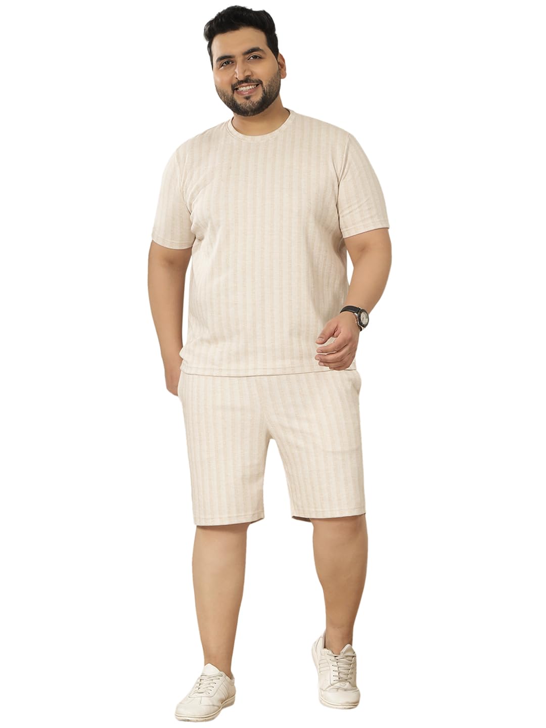 john pride Plus Size Men Stretchable Round Neck Cotton Striped Beige T-Shirt and Shorts Co-Ords-Sets (JPCS83012_Beige)-picture-50