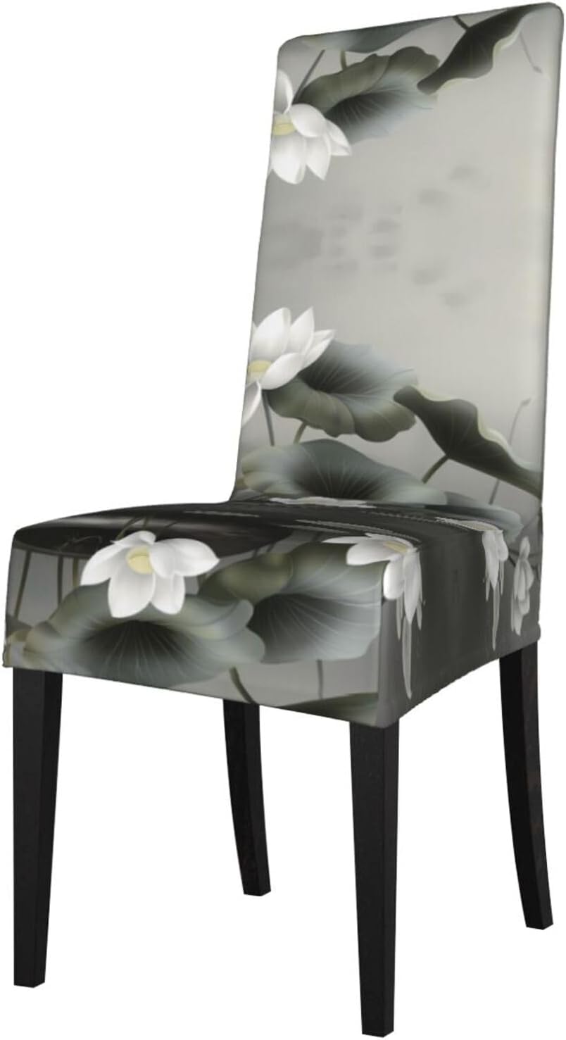 White Lotus Flower Prints Protection Cover for Dining Chair - Stretchable Chair Throw Covers for Dining Room, Hotel Event Party