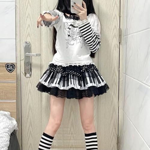 Womens Pleated Y2k Cute Skirt Elastic Waist Black and White Piano Key Trendy Polka Dot Lace Lotus Skirt2