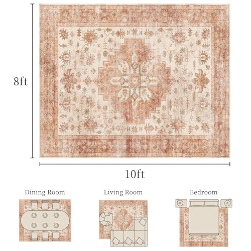Vintage 8x10 Washable Area Rug, Low-Profile Large Area Rug with Non-Slip Backing & Durable Edge Binding, Pet-Friendly Carpet, Large Rug for Living Room, Bedroom, Dinning Room