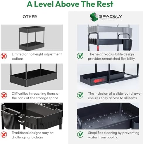 Miniatura 3 de Spacely Organizador y almacenamiento para debajo del fregadero, 2 unidades de organizador de gabinete extraíble con altura ajustable, estantes de