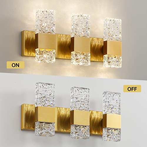 Image of Epinl Gold Bathroom Vanity Light Fixtures Bathroom Light Fixtures Over Mirror 3-Light 4000K LED Crystal Wall Sconces Modern 30W Brushed Hardwired Wall Lights for Bathroom Bedroom Living Room