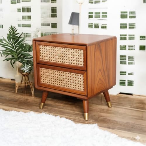 Image of MISAN Boston Solid Wood Bedside Table with Rattan Drawers Mid Century Night Stand for Living Room | Cane Mid Century Modern Side Table with 2 Drawers-Multipurpose use for Living Room, Bedroom (Hony)