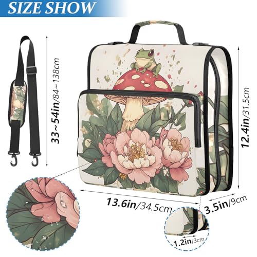 Image of 3 Ring Zipper Binder with Shoulder Strap Mushroom Frog Flower 1.5 inch Binders Keeper Large Capacity Multi Pockets for School Office Supplies