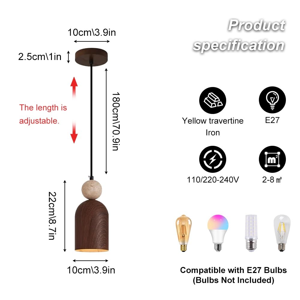 Lampa wisząca z żelaza z drewna słojowego do wyspy kuchennej Regulowana lampa wisząca z żółtym akcentem trawertynu E27 Oprawa sufitowa w kształcie kropli Minimalistyczna lampa sufitowa do wnętrz