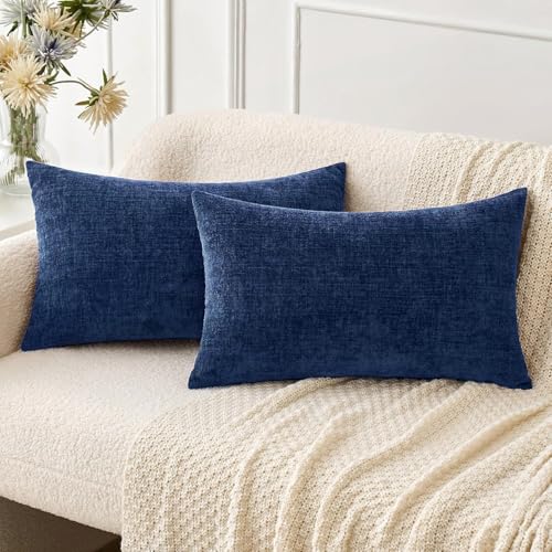 Image of MIULEE Pack of 2 Couch Throw Pillow Covers 12x20 Inch Spring Soft Navy Chenille Lumbar Pillow Covers for Sofa Living Room Solid Dyed Cases