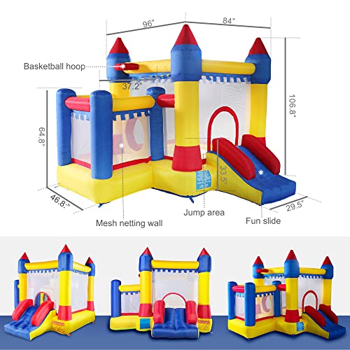 Inflatable Bounce House, Kid Jump and Slide Castle Bouncer with Trampoline, Mesh Wall and Shooting Area, Including Carry Bag, Repair Kit, Stake, for Children 3-10 (Without Blower) - Thumbnail 5