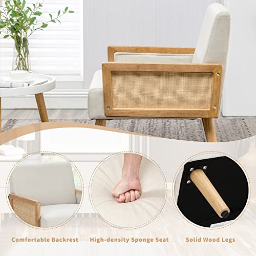 Mellcom Mid Century Modern Accent Chair, Upholstered Chairs With Bamboo Knitting And Solid Wood Legs, Comfy Linen Fabric Armchair For Club, Living Room, Reading Room, Bedroom,Beige-26.4''W #TOP3