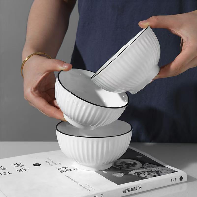 Image of Elegant White Ceramic Dessert Bowls with Black Rim - Set of 6, Ribbed Design, Perfect for Ice Cream, Desserts, Snacks, and More