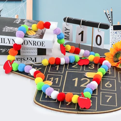 Image of 3 Pcs Back to School Felt Banner Pencil Apple Garland Classroom Return to School Pom Pom Ball Garland Colorful Pompom Hanging Banner Hanging Garlands for First Day of School Classroom Decorations