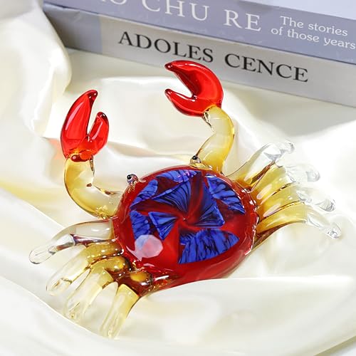 YAOYUAN-Handmade-Red-Glass-Crab-Paperweight-with-Blue-Flower-Unique-Glass-Animal-Sculpture-for-Home-Decor YAOYUAN Handmade Red Glass Crab Paperweight with Blue Flower Unique Glass Animal Sculpture for Home Decor