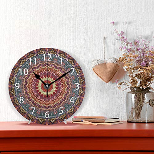 Ollabaky Mandala Clocks Battery Operated Silent Desk Clock, Mosaic Retro Style 10 Inch Non Ticking Clock for Office School Home Round Wall Decor - Image 3