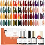 modelones 40 Pcs Gel Nail Polish Set, Nude Brown Green Red Purple Orange Gold Jelly White Colors Blooming Gel Polish Kit with Base Coat & Matte Glitter Glossy Top Coat DIY Mani Gfit
