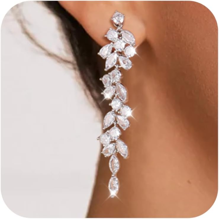 Clip on Earrings for Women 925 Sterling Silver Plated Cubic Zirconia Long Tassel Dangle Drop Earrings Non Pierced Earrings for Women Jewelry Gifts Wedding Party