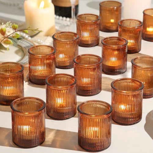 36pcs Amber Votive Candle Holders Ribbed Glass Tea Light Candle Holder Candle Votives for Wedding Centerpiece & Home Decor