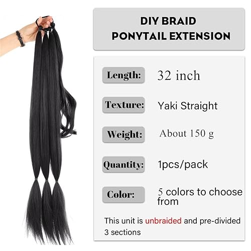 Miniatura 3 de Extensiones de cabello trenzado de 32 pulgadas de largo, cola de caballo lacio envolvente, extensiones de cola de caballo para mujeres negras,
