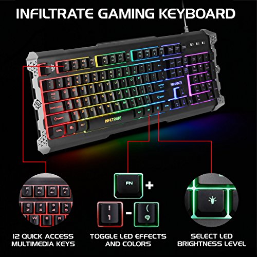 Enhance Infiltrate Membrane Gaming Keyboard - Rgb Gaming Keyboard With Quiet Mechanical Clicking Keys - 7 Color Led + 9 Dynamic Effects, Led Sound Response - Spill Resistant With Metal Accents #TOP5