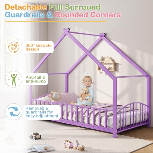 Image of Garvee Twin Size House Shape Bed Frame with Rail, Purple