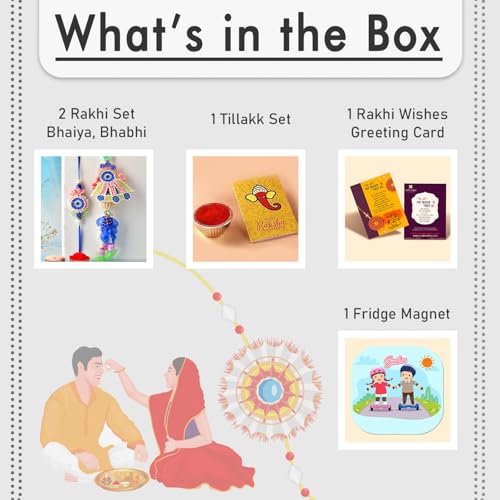 Image of CraftVatika Premium Evil Eye Rakhi Set for Brother Bhabhi | Designer Rakhi Set for Bhaiya Bhabhi Evil Eye Lumba Couple Pair with Fridge Magnet Gift, Rakshabandhan Greeting Card, Tilak Set, Home decor