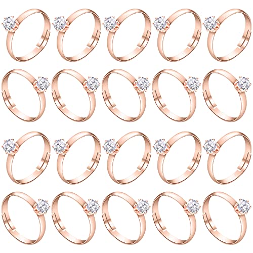 Junkin 48 Pcs Fake Diamond Rings Engagement Rings for Women Bridal Wedding Table Decorations Adjustable for Bridal Shower Favors Wedding Party Supply(Rose Gold)