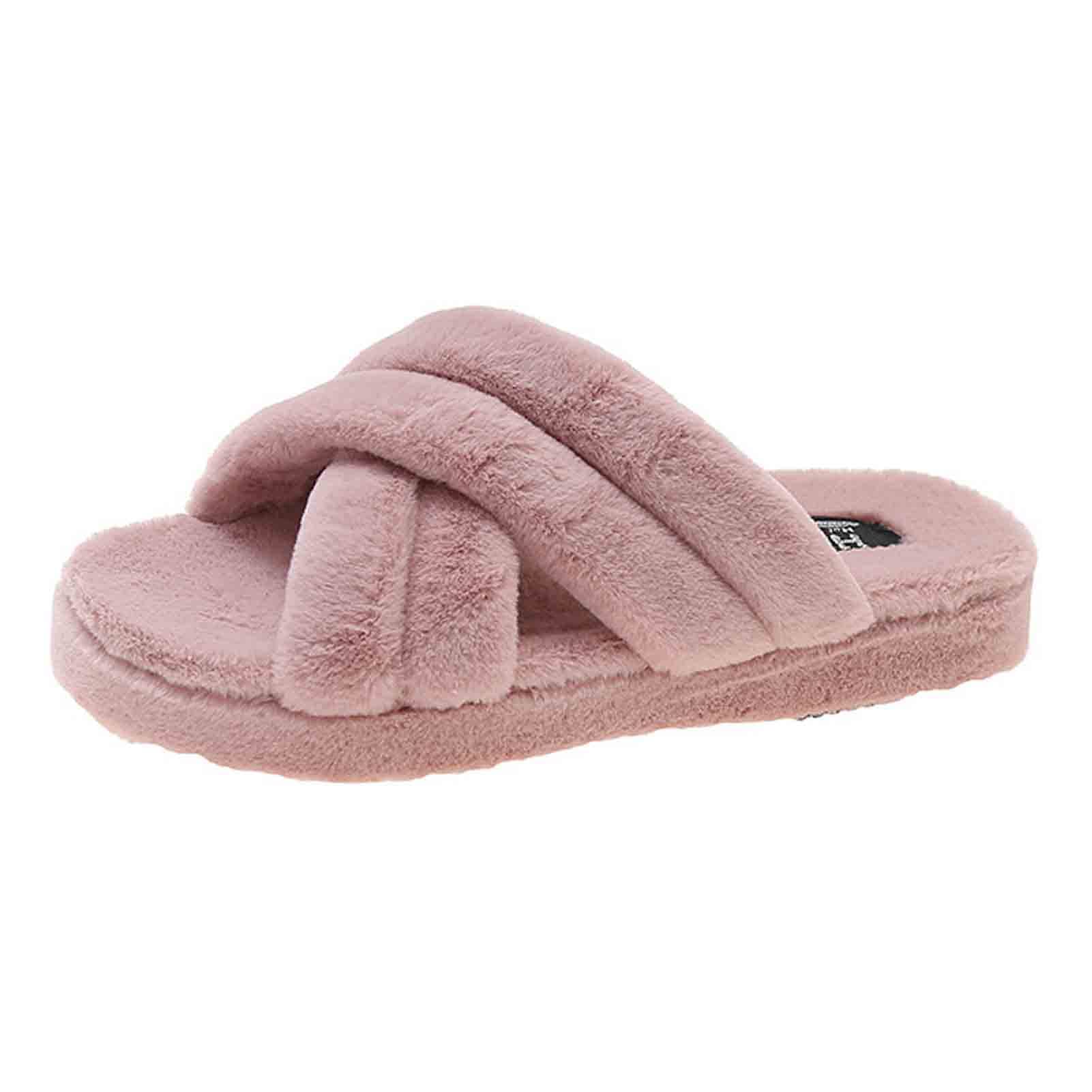 Pantoufles femmes cross band en peluche douce et semelle anti-dérapante