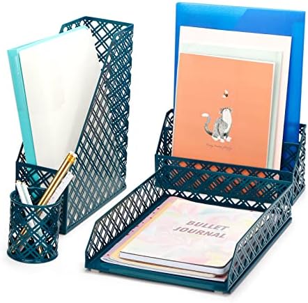 Exerz Desk Organiser 4 Pieces/Office Set/Desktop Metal Mesh Filing Including: A4 Letter Tray x 1, A4 Magazine Rack/Upright Document Holder x 1, Letter Sorter x1, Pen Holder x 1 (Aegean Blue)