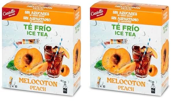 Castello since 1907 Té Frío Zero & Instantáneo | Melocotón | 15 sobres | 1 sobre : 500 ml de Té | 0 Calorías | 0 Azúcar | 0 Aspartamo (Paquete de 2)
