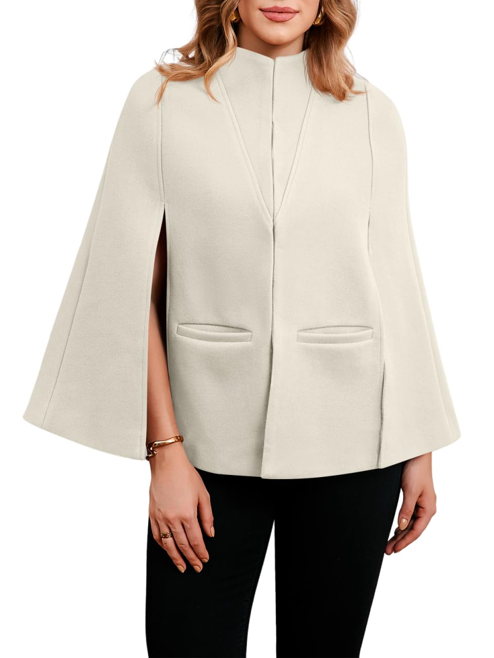 Womens Cape Pea Coat Work Casual Split Long Sleeve Coat Stand Collar Open Front Fall jacket-image-3