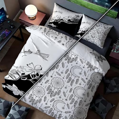 Housse de couette 240x220 cm avec 2 taies motif fleur noire